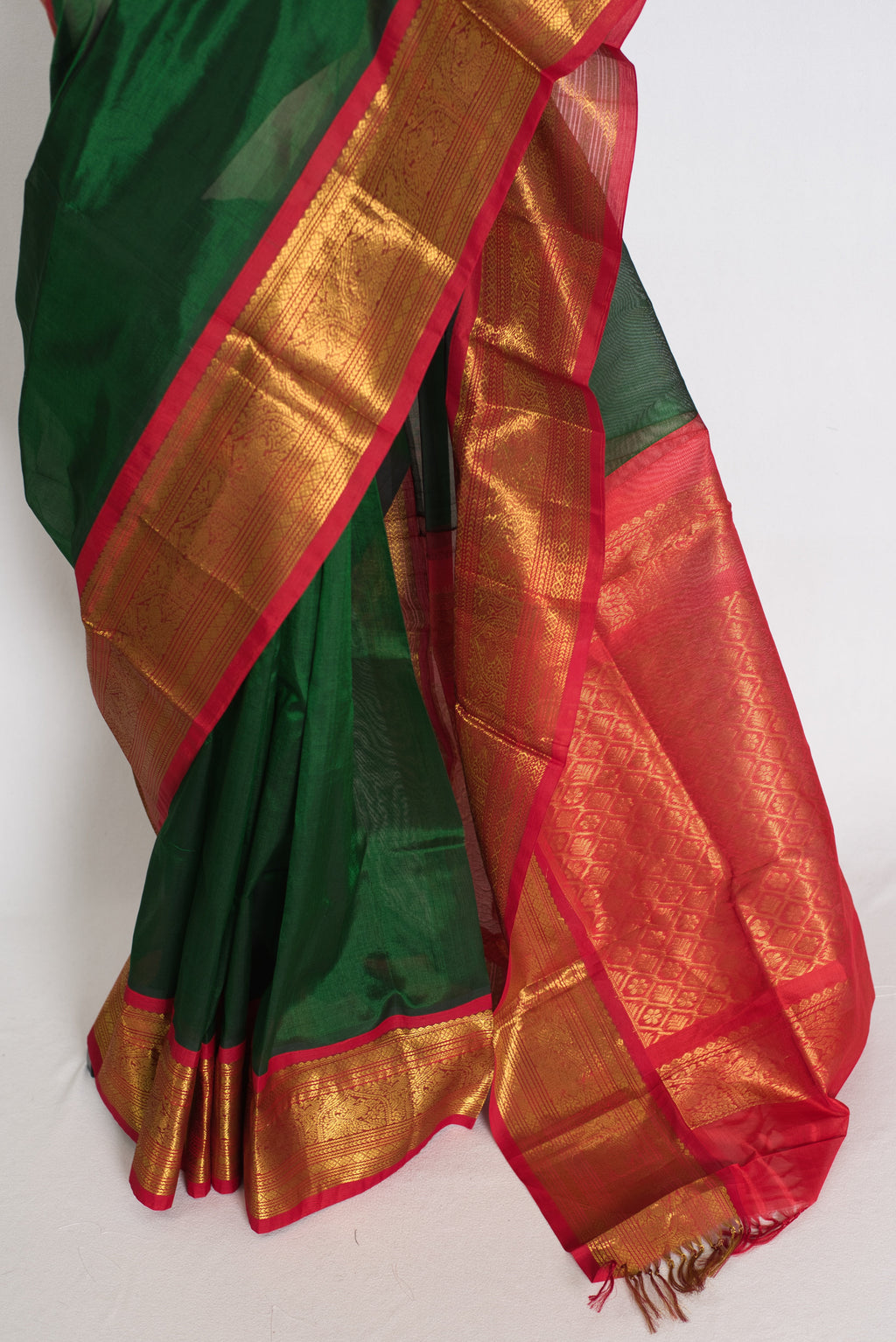 Latha : Bottle Green and Red Cotton Silk Kanjivaram Saree with 36 Size Blouse