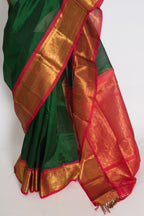 Latha : Bottle Green and Red Cotton Silk Kanjivaram Saree with 36 Size Blouse