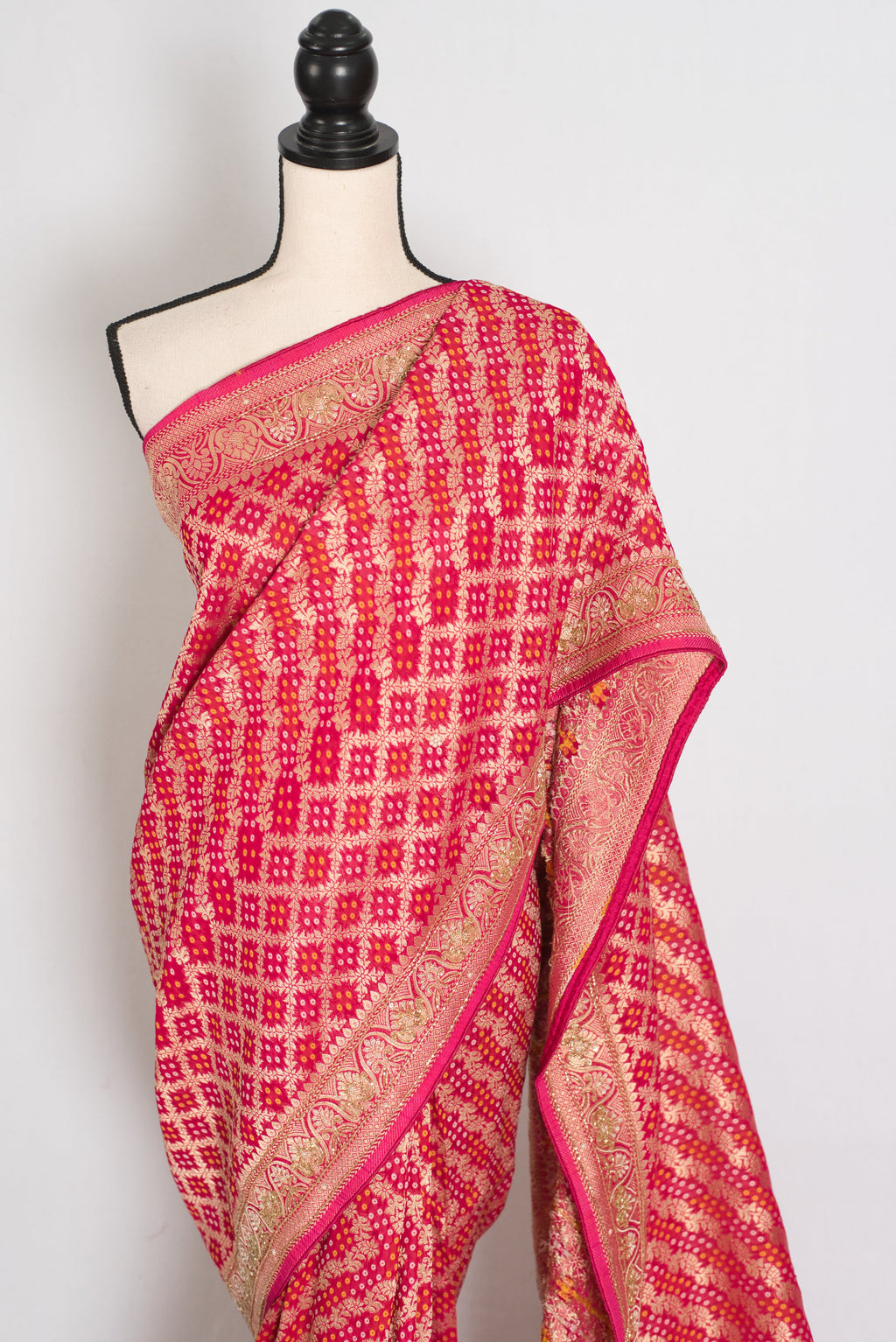 Afrin | Rani Pink Semi Georgette Saree | Pre-Stitched Size 38 Blouse