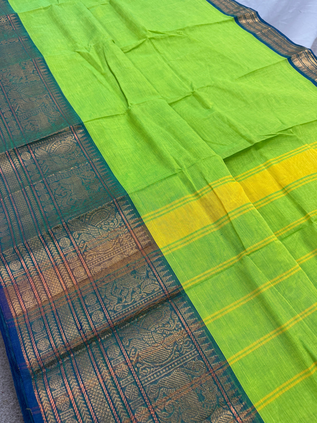 Nalini : Handwoven Kanchi Cotton Saree in Bright Green and Blue