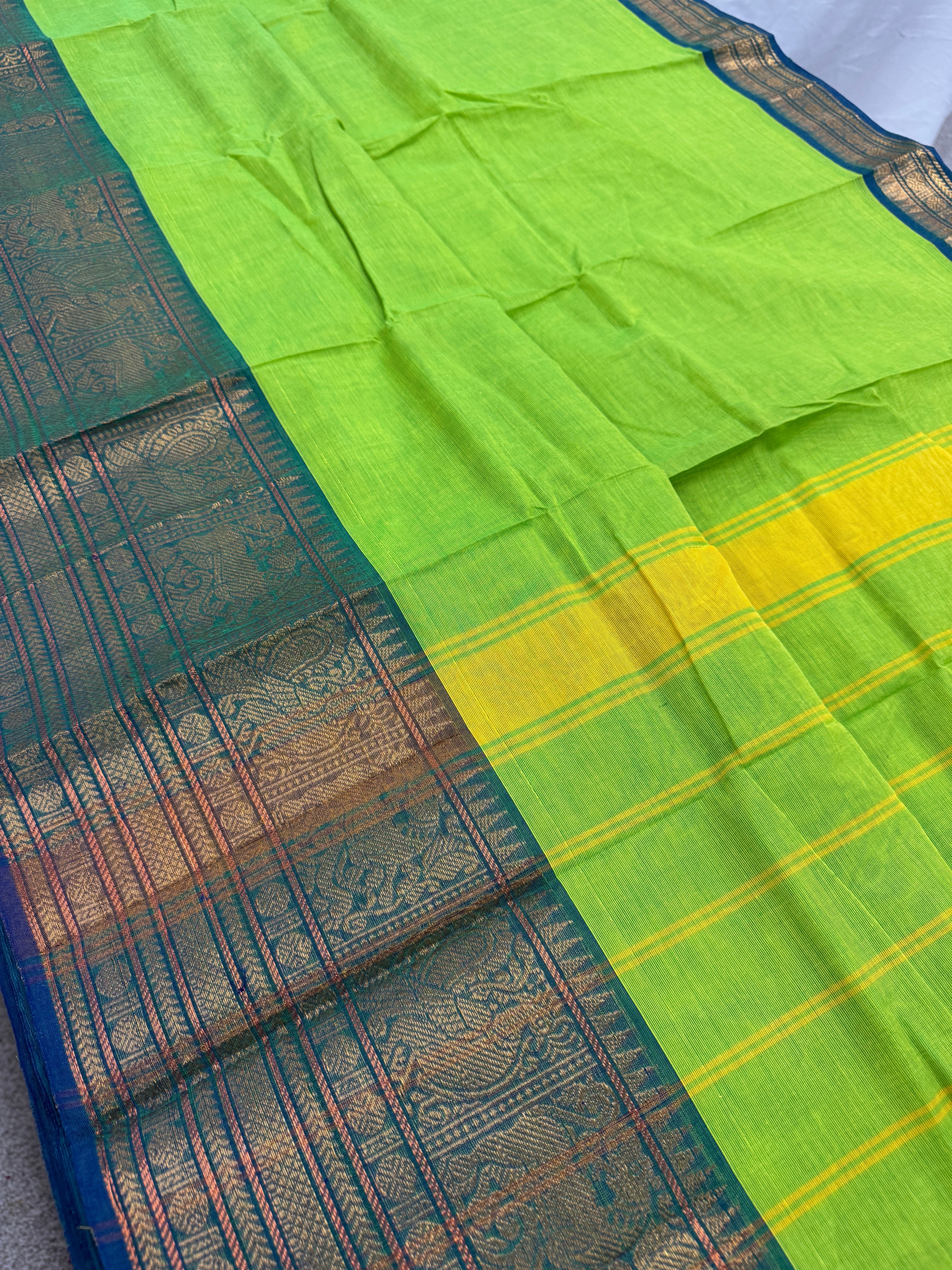 Nalini : Handwoven Kanchi Cotton Saree in Bright Green and Blue