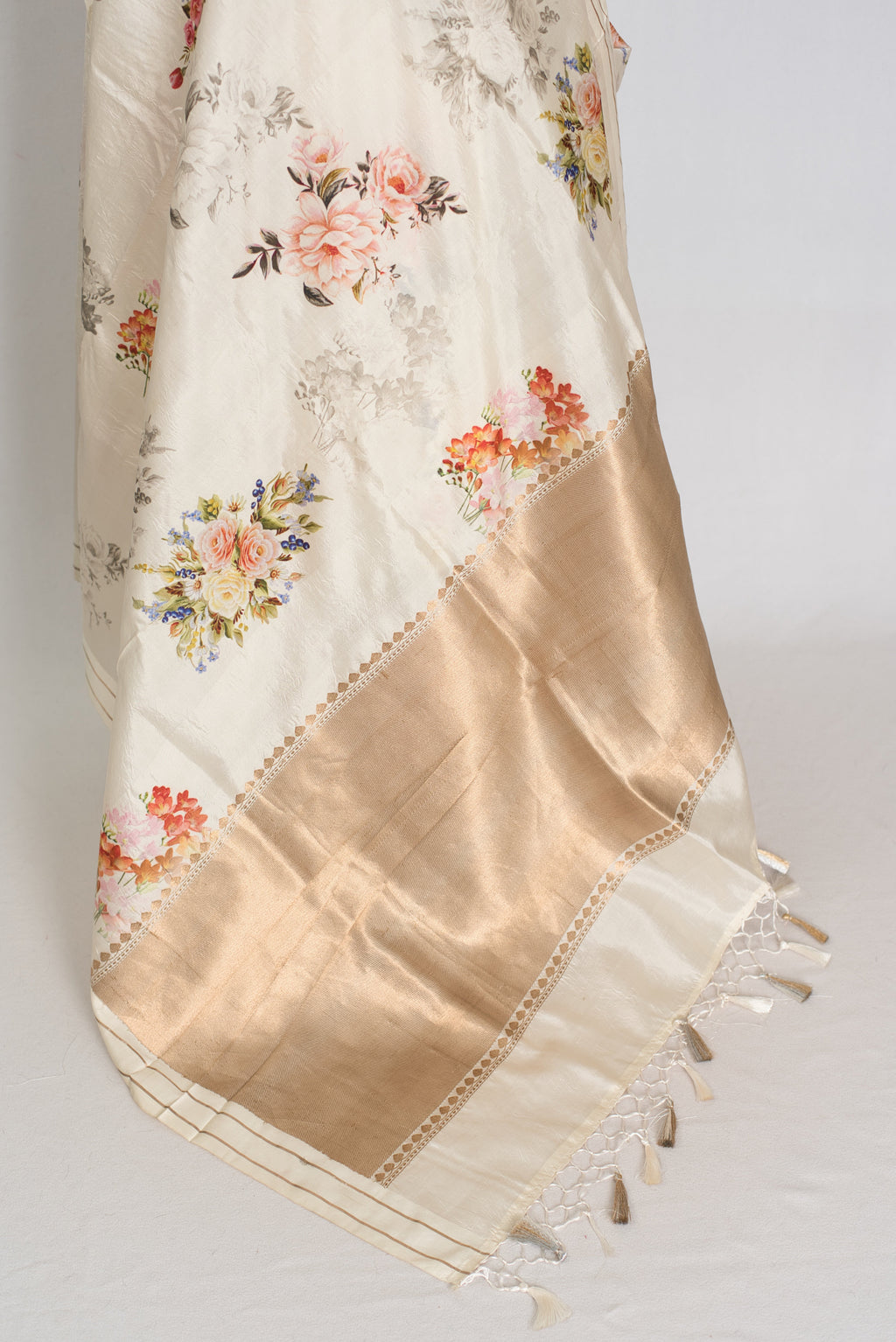 Sheuli : Ivory White Floral Printed Banarasi Katan Silk Saree