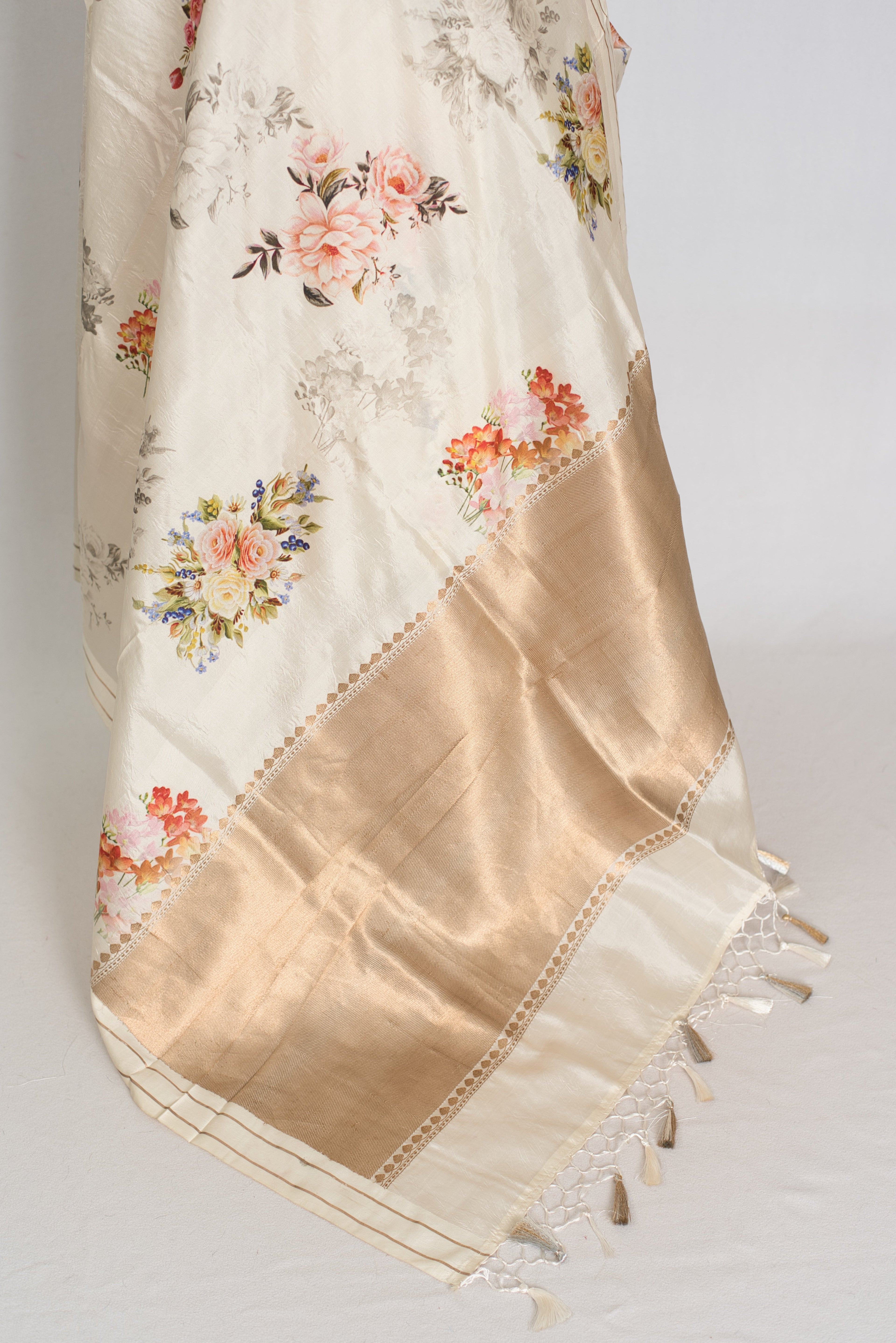 Sheuli : Ivory White Floral Printed Banarasi Katan Silk Saree
