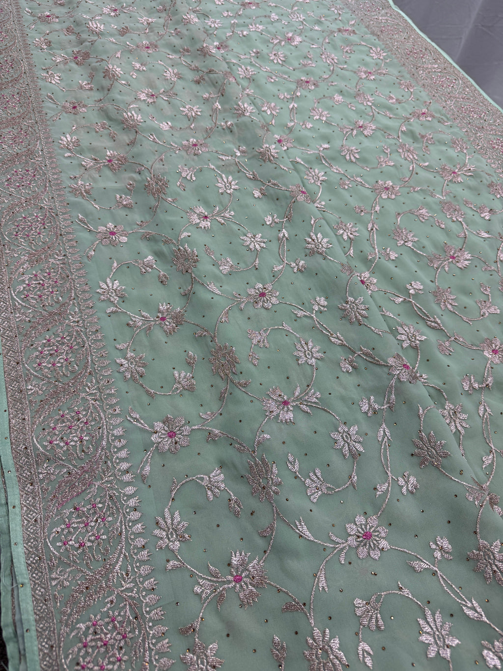 Pooja | Sea Green Georgette Partywear Saree | Elegant Machine Floral Embroidery