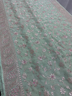 Pooja | Sea Green Georgette Partywear Saree | Elegant Machine Floral Embroidery