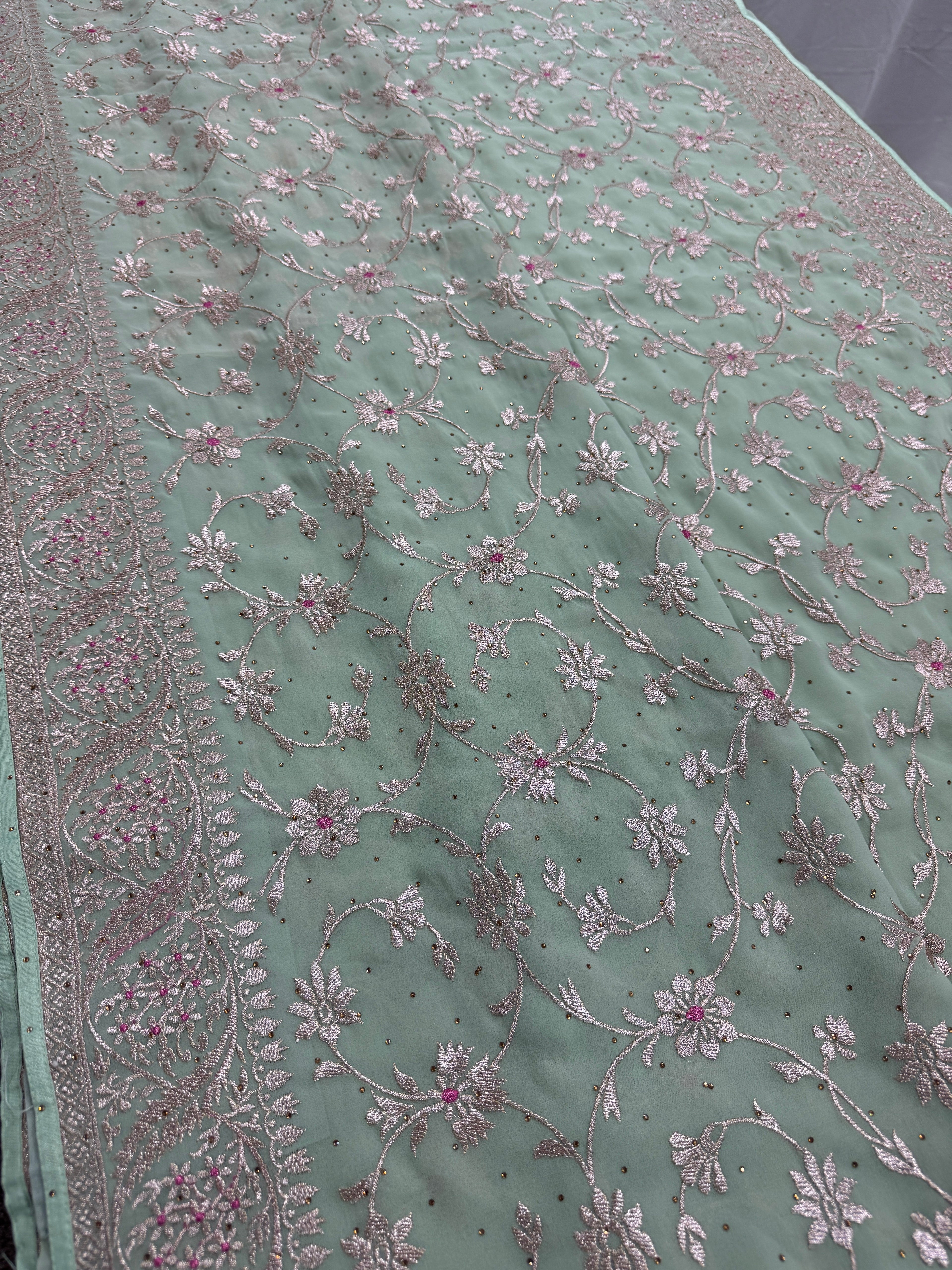 Pooja | Sea Green Georgette Partywear Saree | Elegant Machine Floral Embroidery