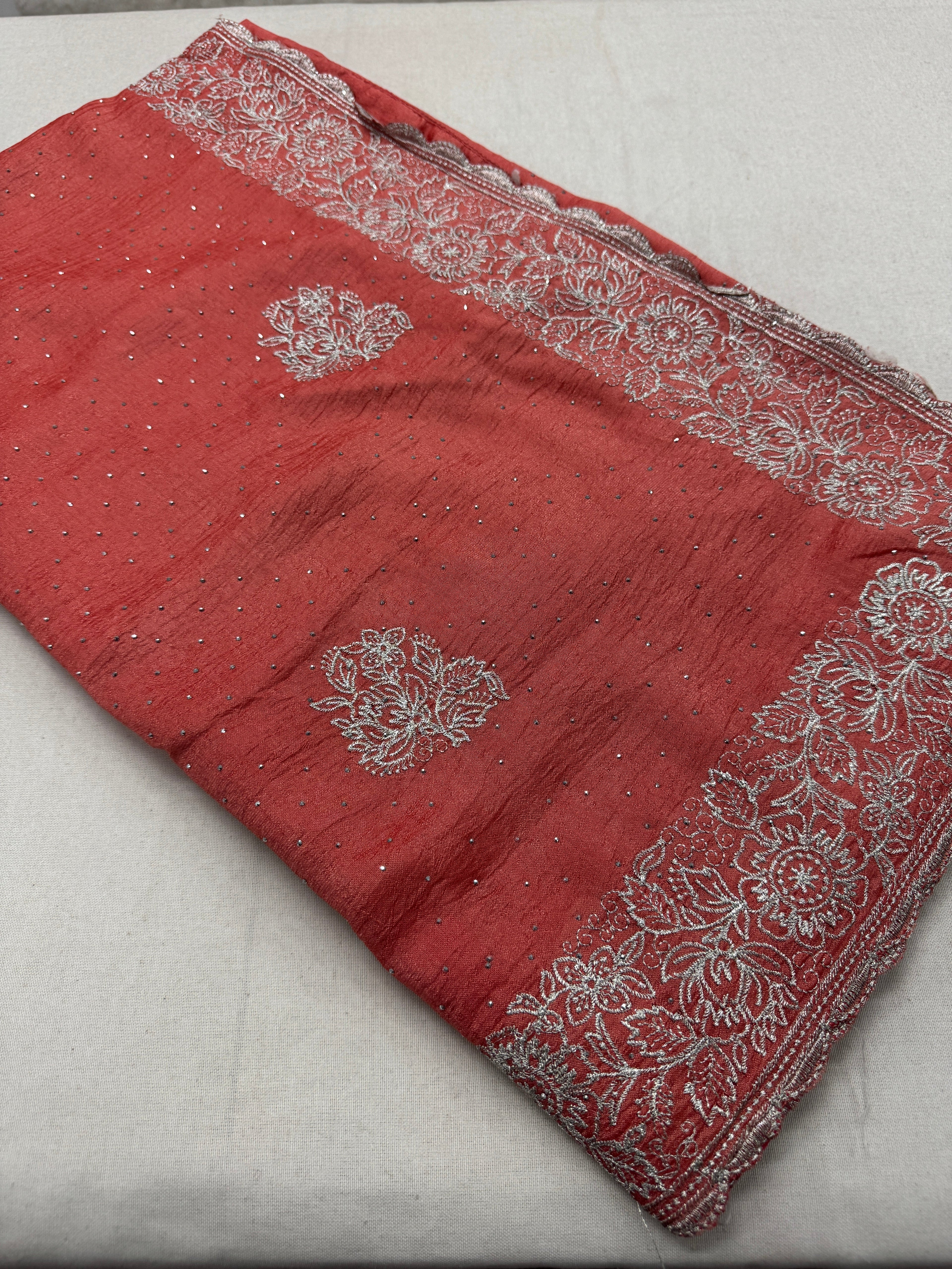 Iti | Peach Partywear Saree | Silver Thread Embroidery & Stones