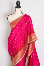 Harini | Pink & Red Dola Silk Banarasi Saree | Designer Stitched Lace Border