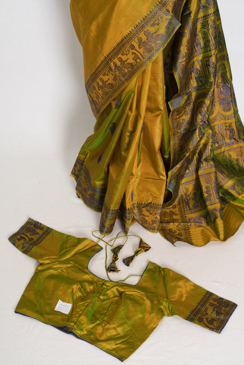Bithi | Heena Green Handwoven Bishnupuri Baluchari Silk Saree | 38 Size Blouse