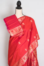 Supriya | Orange Red and Cream Handwoven Baluchari Pure Silk Saree