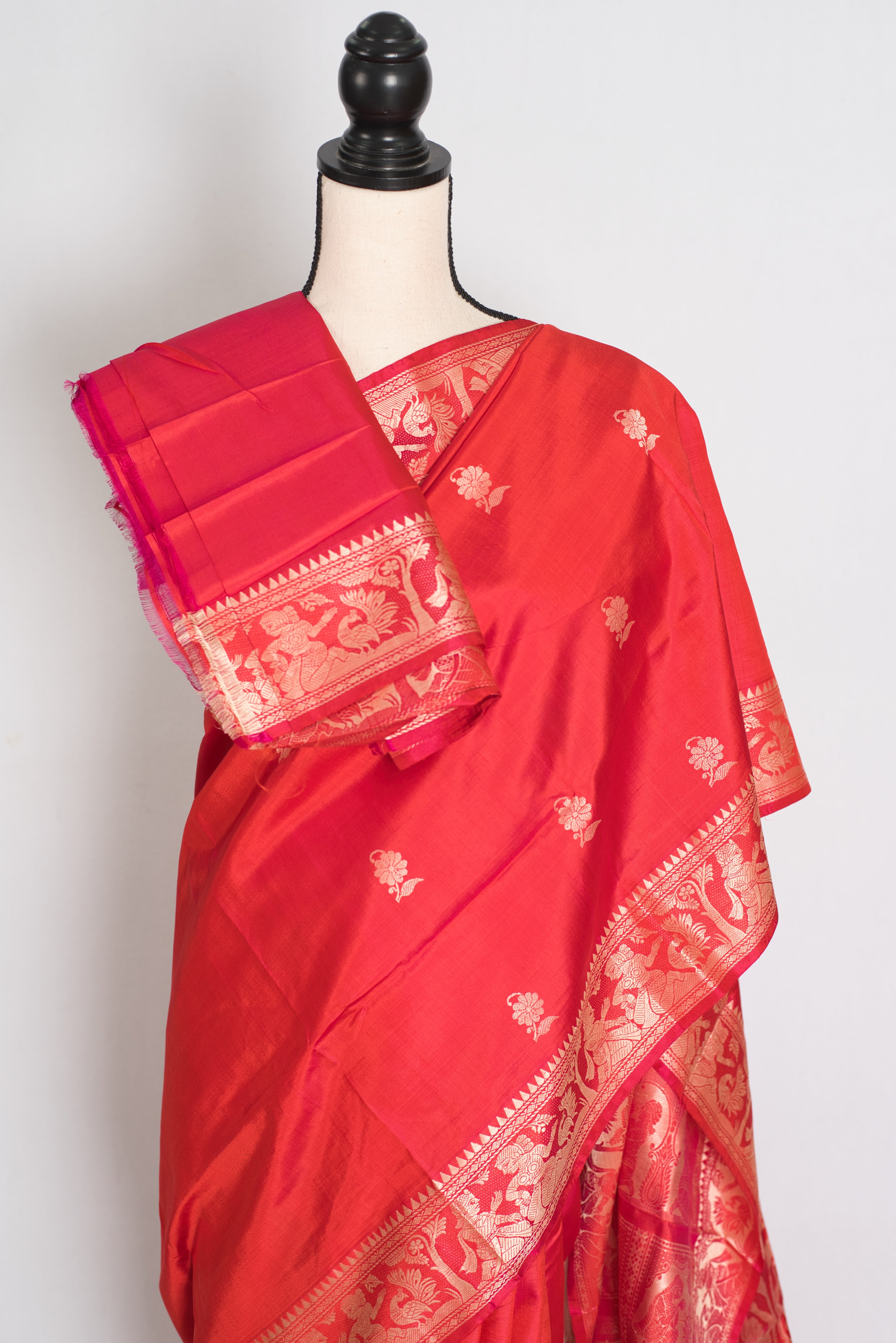 Supriya | Orange Red and Cream Handwoven Baluchari Pure Silk Saree