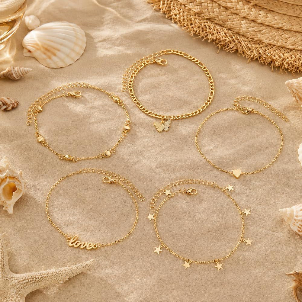 Gold Anklets for Women, Adjustable Layered Charm Ankle Chains