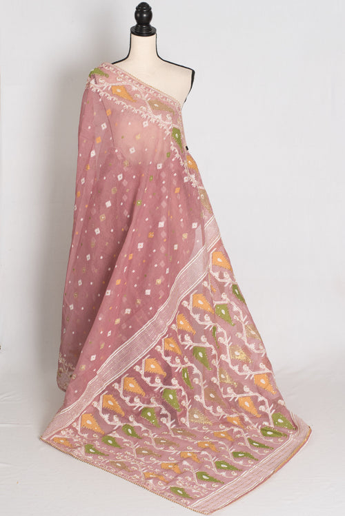 Bithi : Unique Pastel Purple and White Blended Cotton Jamdani Saree