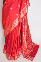 Supriya | Orange Red and Cream Handwoven Baluchari Pure Silk Saree
