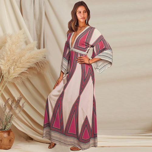 Deep V Neck Indian Print Dress Plus Size Women's