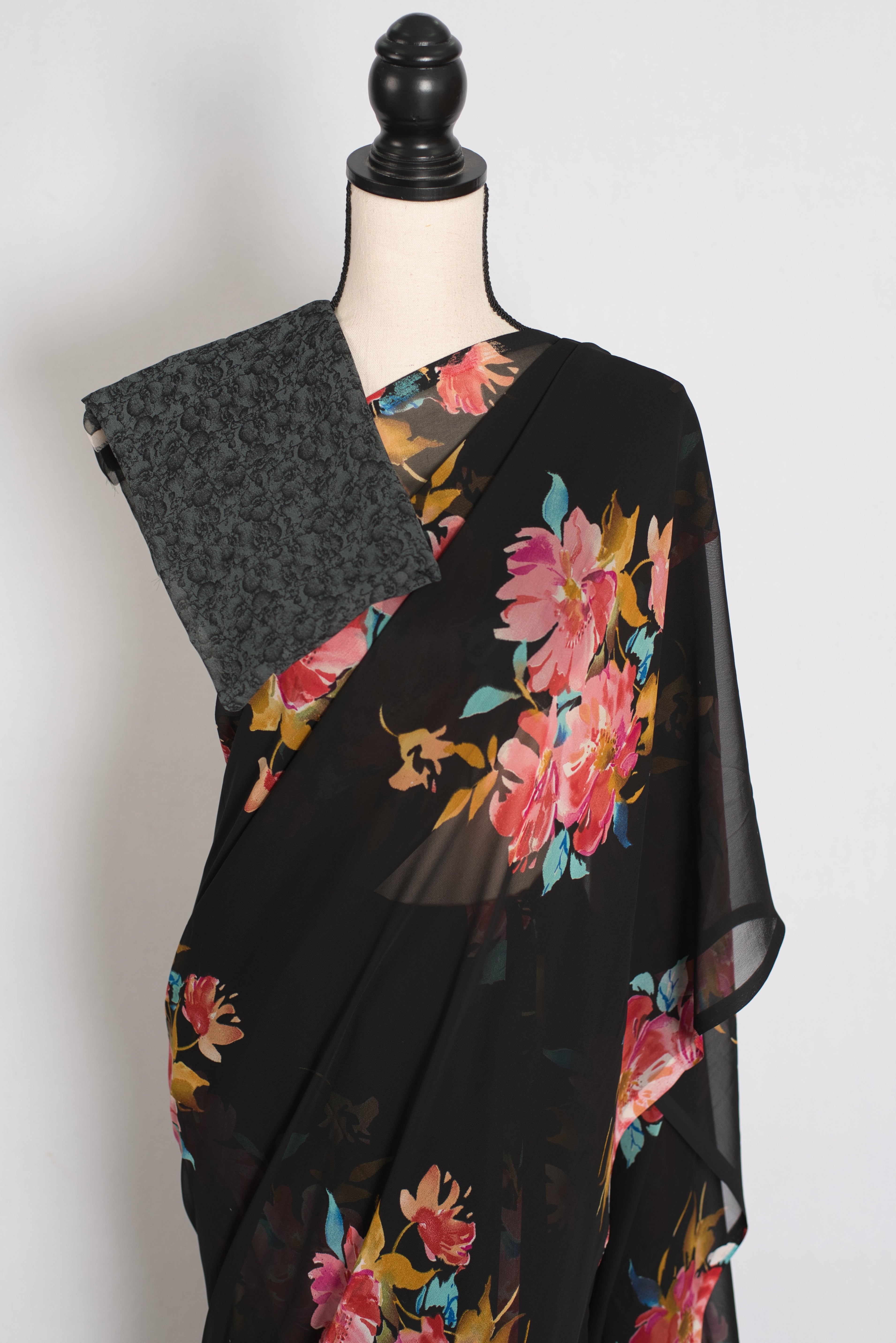 Nita : Black Floral Printed Chiffon Georgette Saree