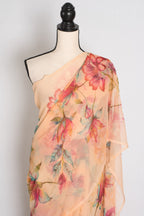 Diya : Soft Peach Floral Printed Chiffon Saree - Budget-Friendly Summer Drape