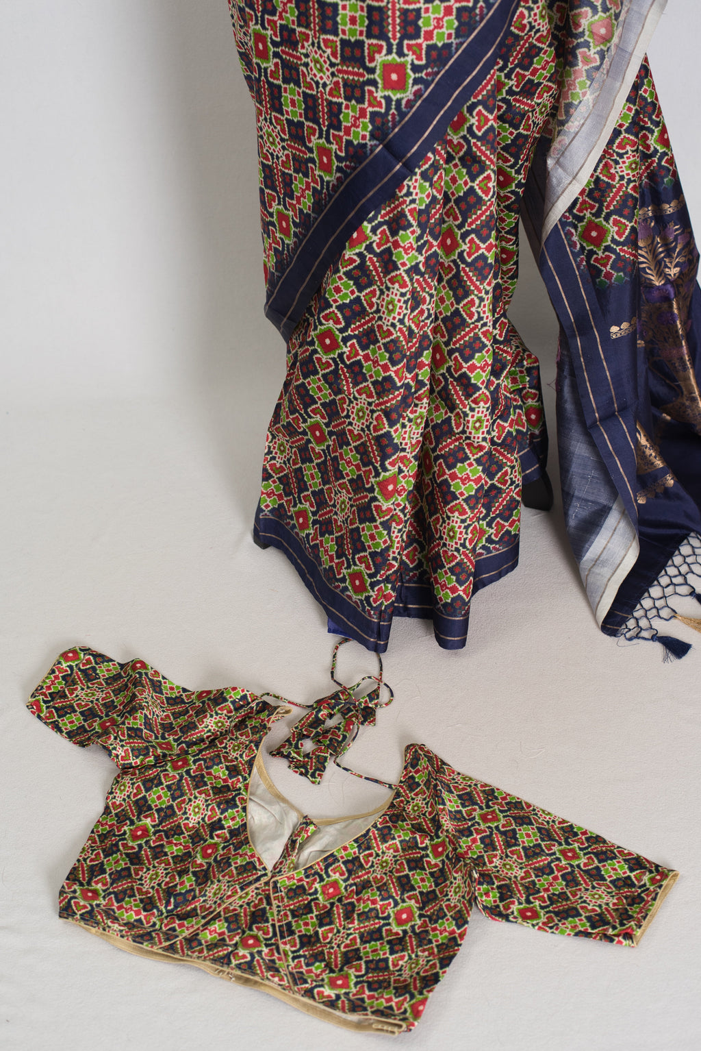 Leela : Navy Blue Ikkat Print Banarasi Silk Saree – with 36 Size Blouse