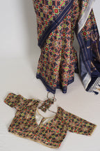 Leela : Navy Blue Ikkat Print Banarasi Silk Saree – with 36 Size Blouse