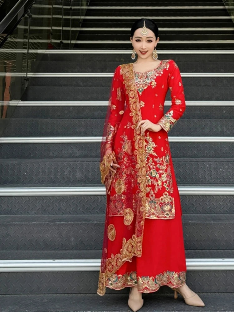 Female Indian Traditional Dance Dress Long Sleeve Tops Pants Bollywood Dance Saree Veil Suit Belly Dance Stage Clothing DQL10759