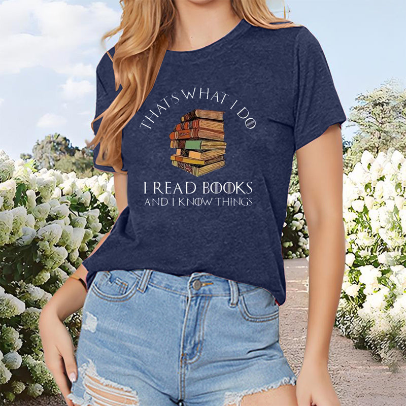 Women's Fashionable Short-Sleeve Round Neck T-Shirt With Book Printed Summer Top