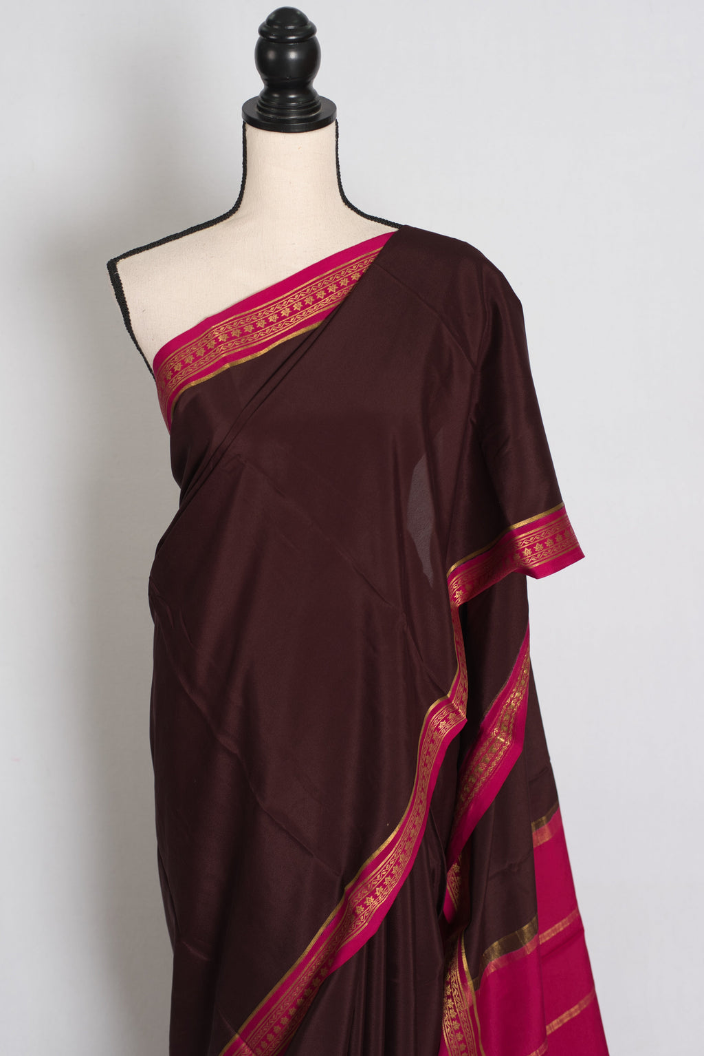 Devi : Brown and Pink Pure Mysore Crepe Silk Saree with 38 Size Stitched Blouse