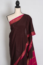 Devi : Brown and Pink Pure Mysore Crepe Silk Saree with 38 Size Stitched Blouse