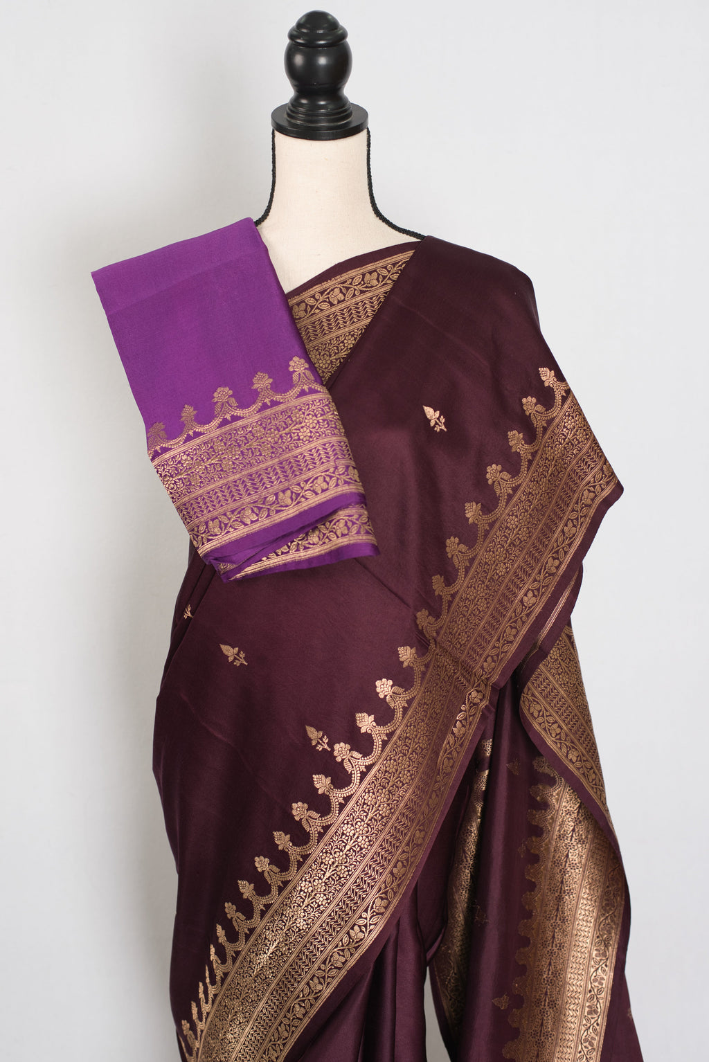 Ruuh | Wine Premium Mashru Banarasi Silk Saree | Antique Gold Zari Weaving