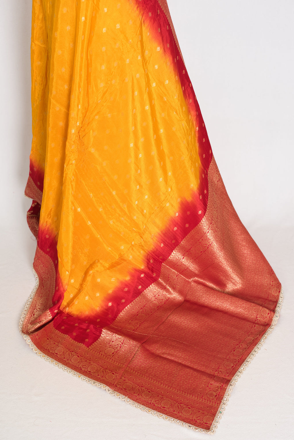 Mala | Yellow & Red Dola Silk Banarasi Saree | Soft & Flowy