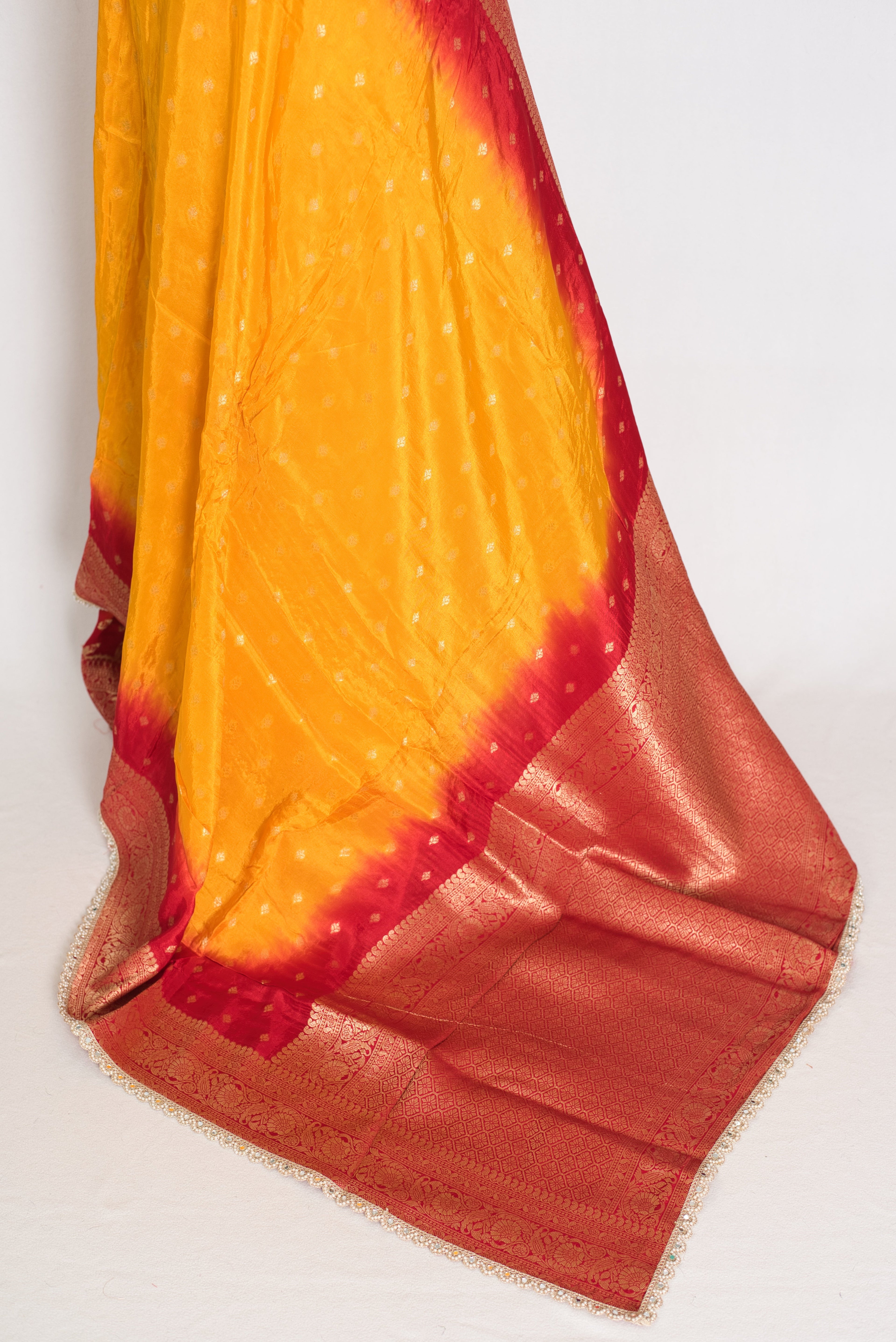 Mala | Yellow & Red Dola Silk Banarasi Saree | Soft & Flowy