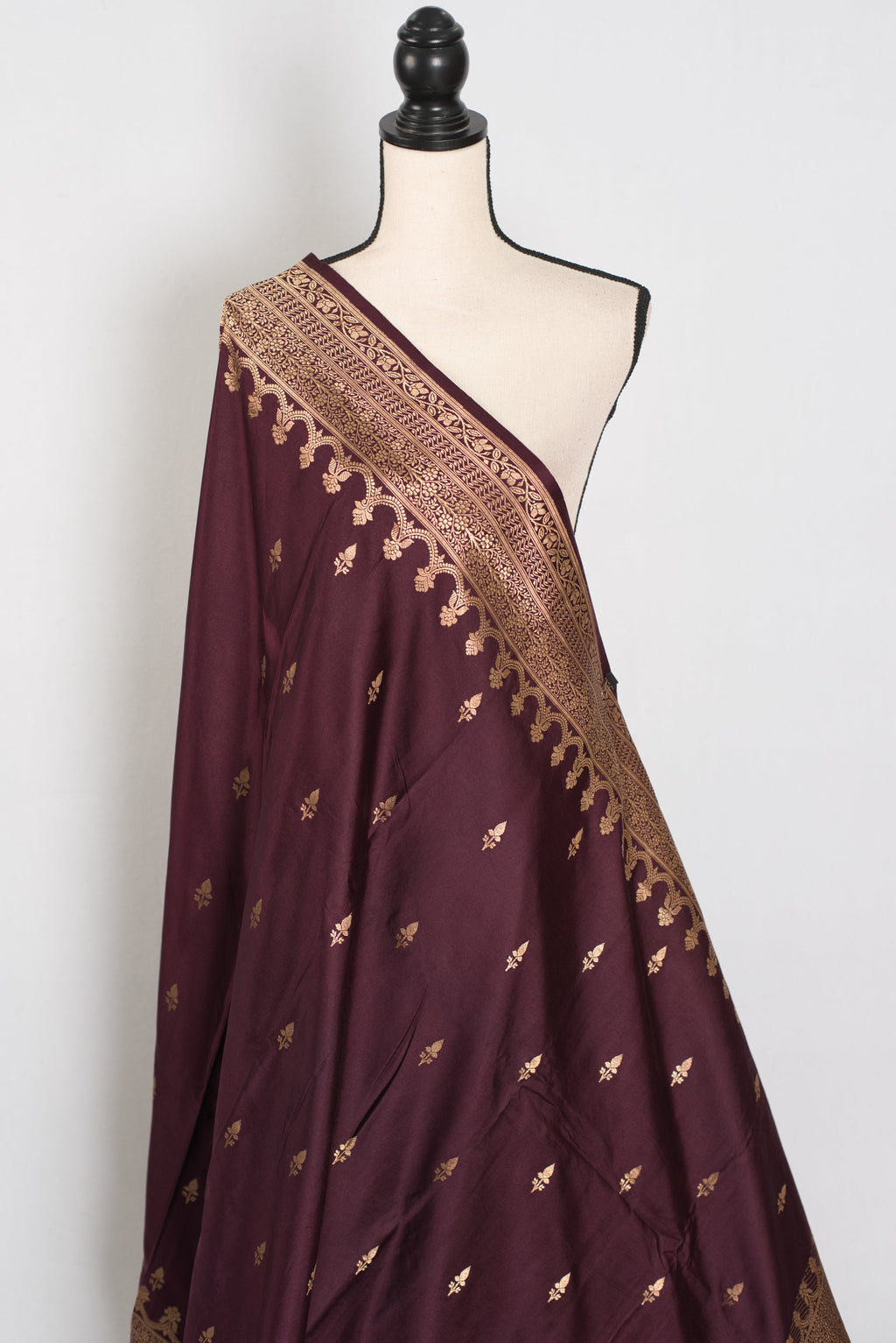 Ruuh | Wine Premium Mashru Banarasi Silk Saree | Antique Gold Zari Weaving