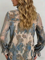 Womens Retro Long-Sleeve Stand-Neck Lace-Up Ruffle Flare-Sleeve Shirt