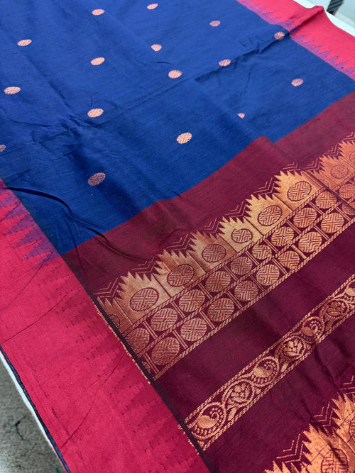 Hema : Blended Cotton Gadwal Saree in Midnight Blue and Dark Red