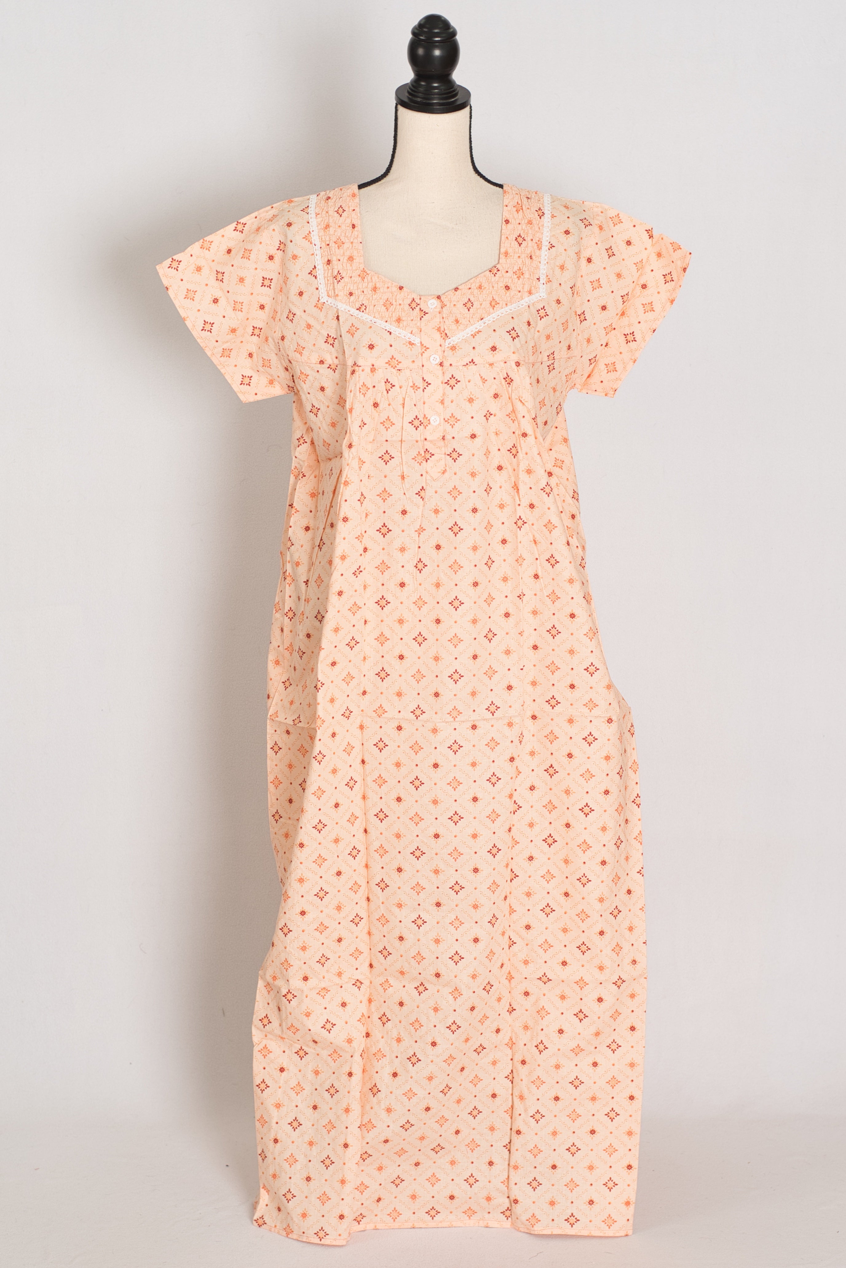 Light Orange Geometric Floral Print Pure Cotton Indian Nightgown