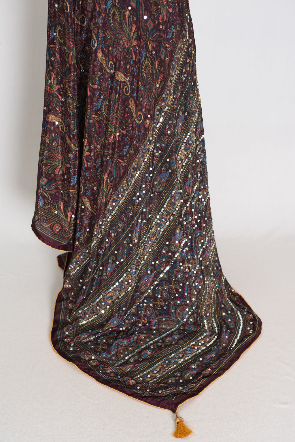 Nirja | Purple Kalamkari Printed Mirror Work Saree | Soft Semi Modal Silk