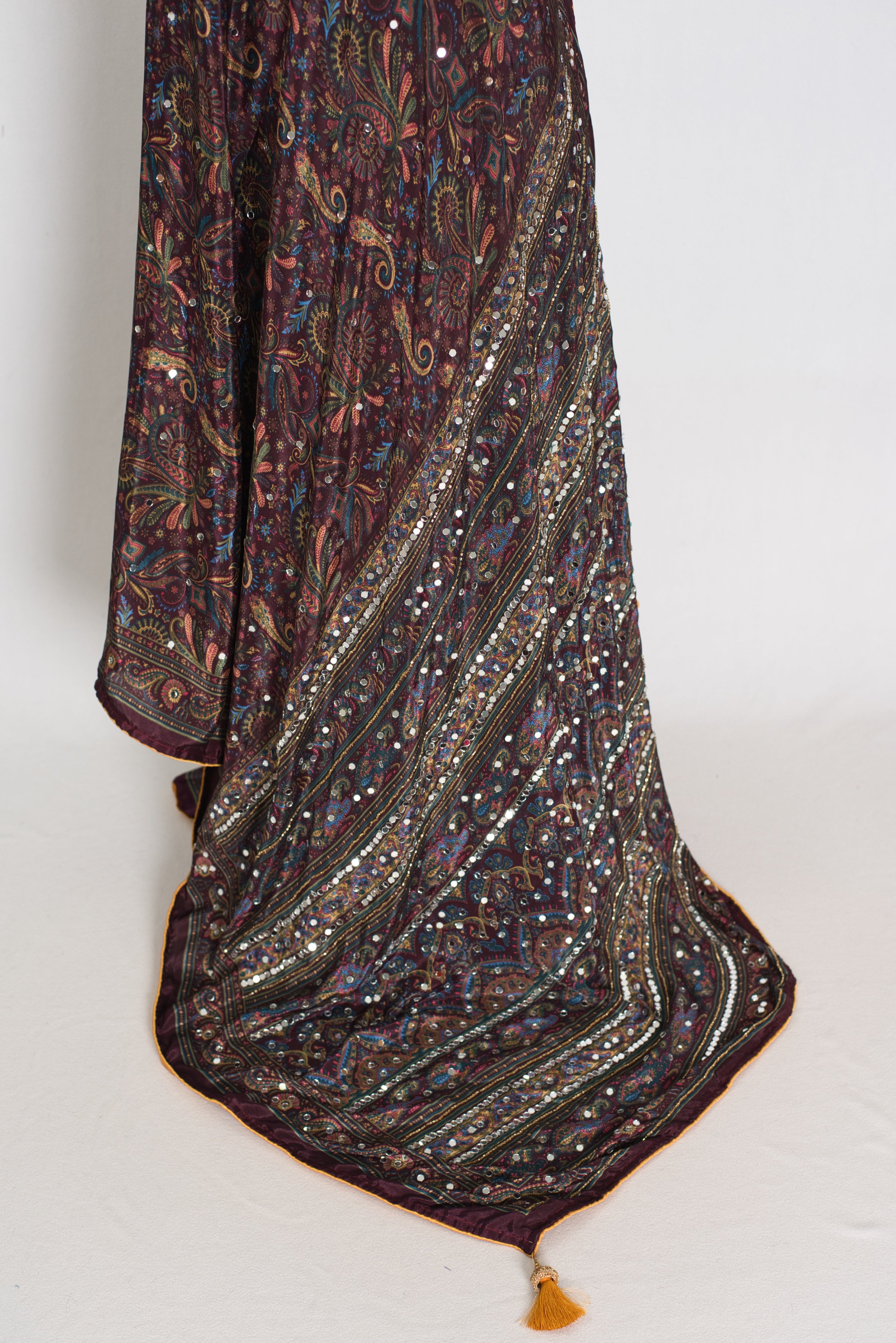 Nirja | Purple Kalamkari Printed Mirror Work Saree | Soft Semi Modal Silk