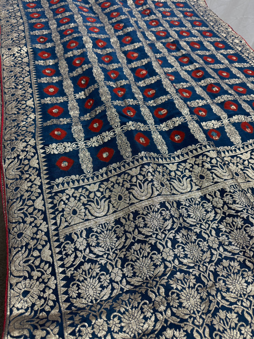 Parul | Dark Blue & Red Gharchola Banarasi Saree | Silver Zari Dola Silk