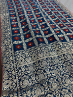 Parul | Dark Blue & Red Gharchola Banarasi Saree | Silver Zari Dola Silk
