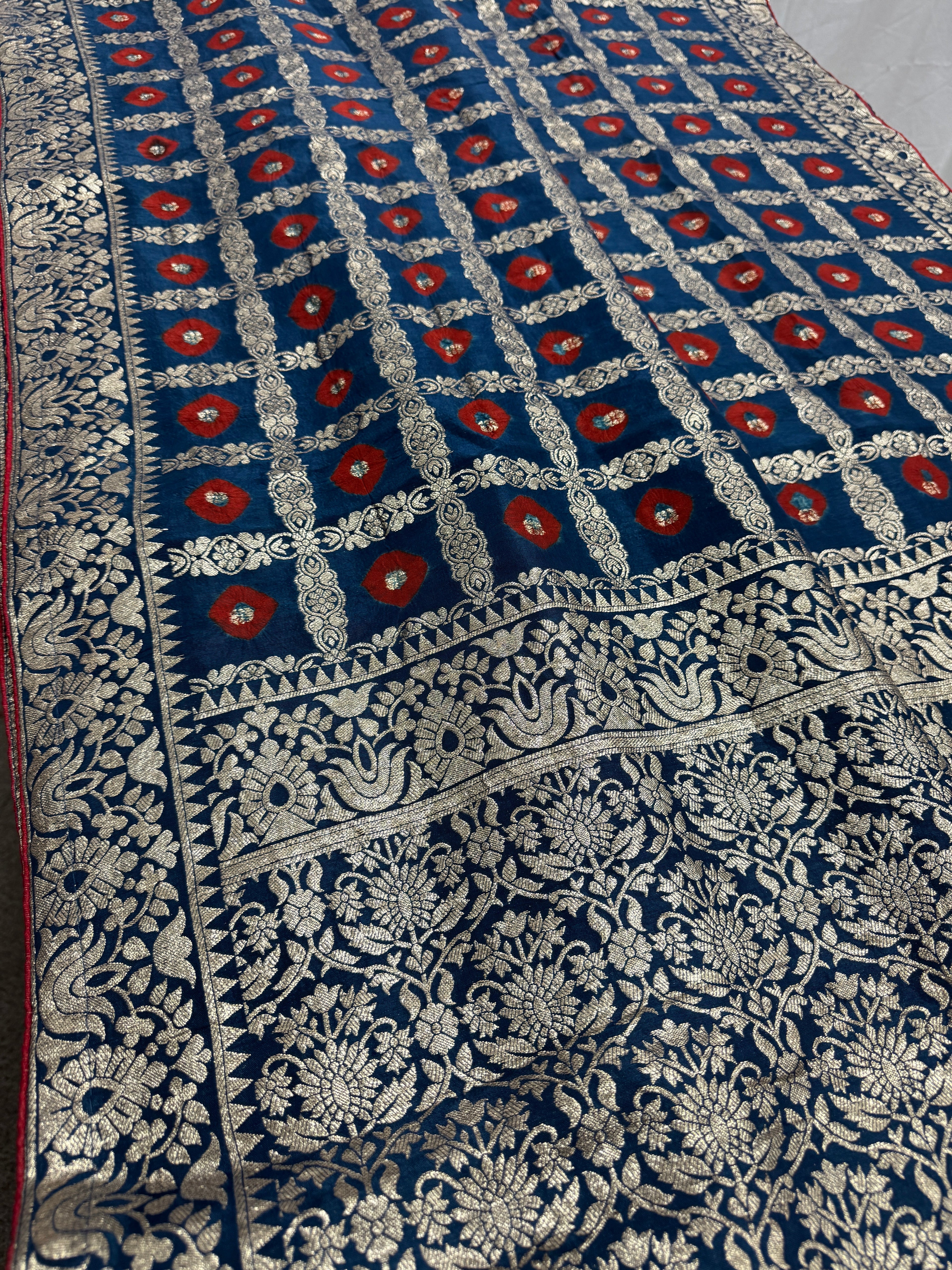 Parul | Dark Blue & Red Gharchola Banarasi Saree | Silver Zari Dola Silk