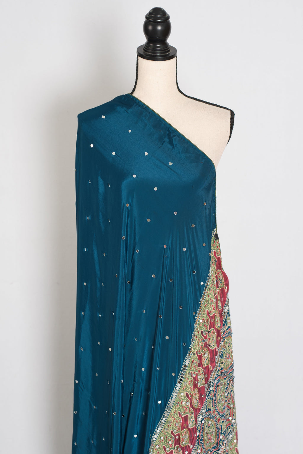 Ira | Teal Blue Mirror Work Partywear Saree | Ajrakh Printed Pallu & Blouse