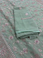 Pooja | Sea Green Georgette Partywear Saree | Elegant Machine Floral Embroidery