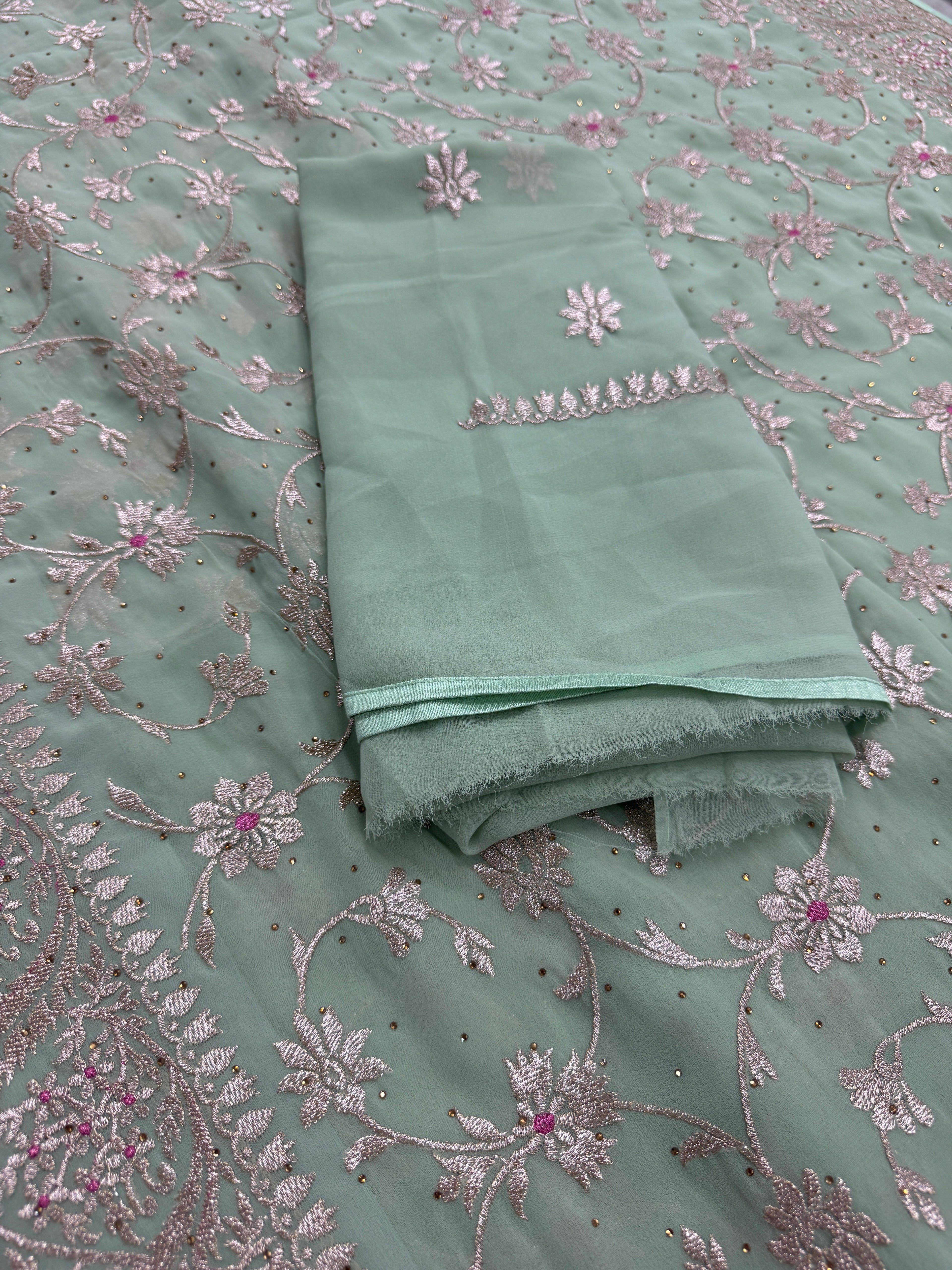 Pooja | Sea Green Georgette Partywear Saree | Elegant Machine Floral Embroidery