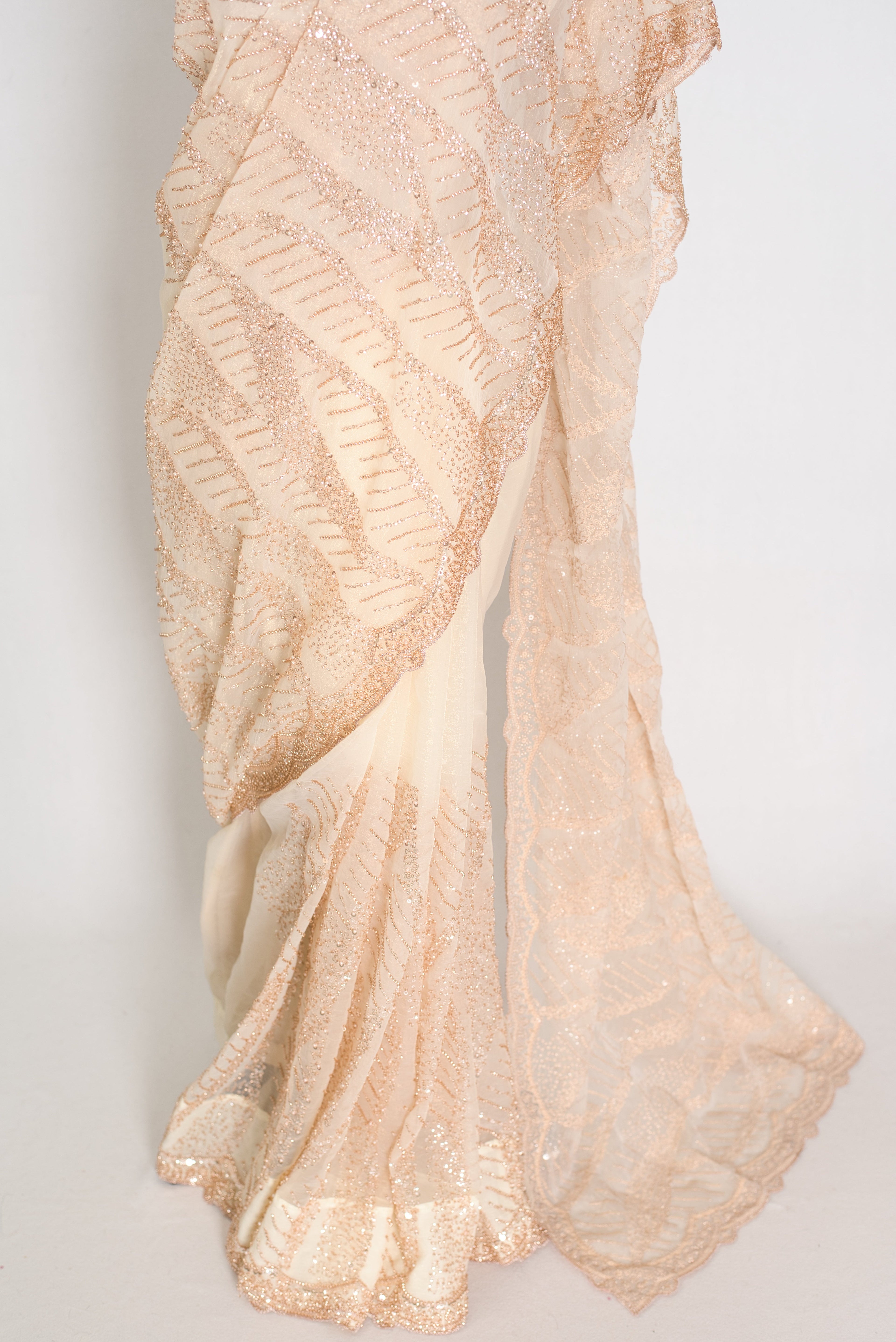 Sia | Cream and Gold Soft Organza Saree | Summer Wedding & Cocktail Partywear