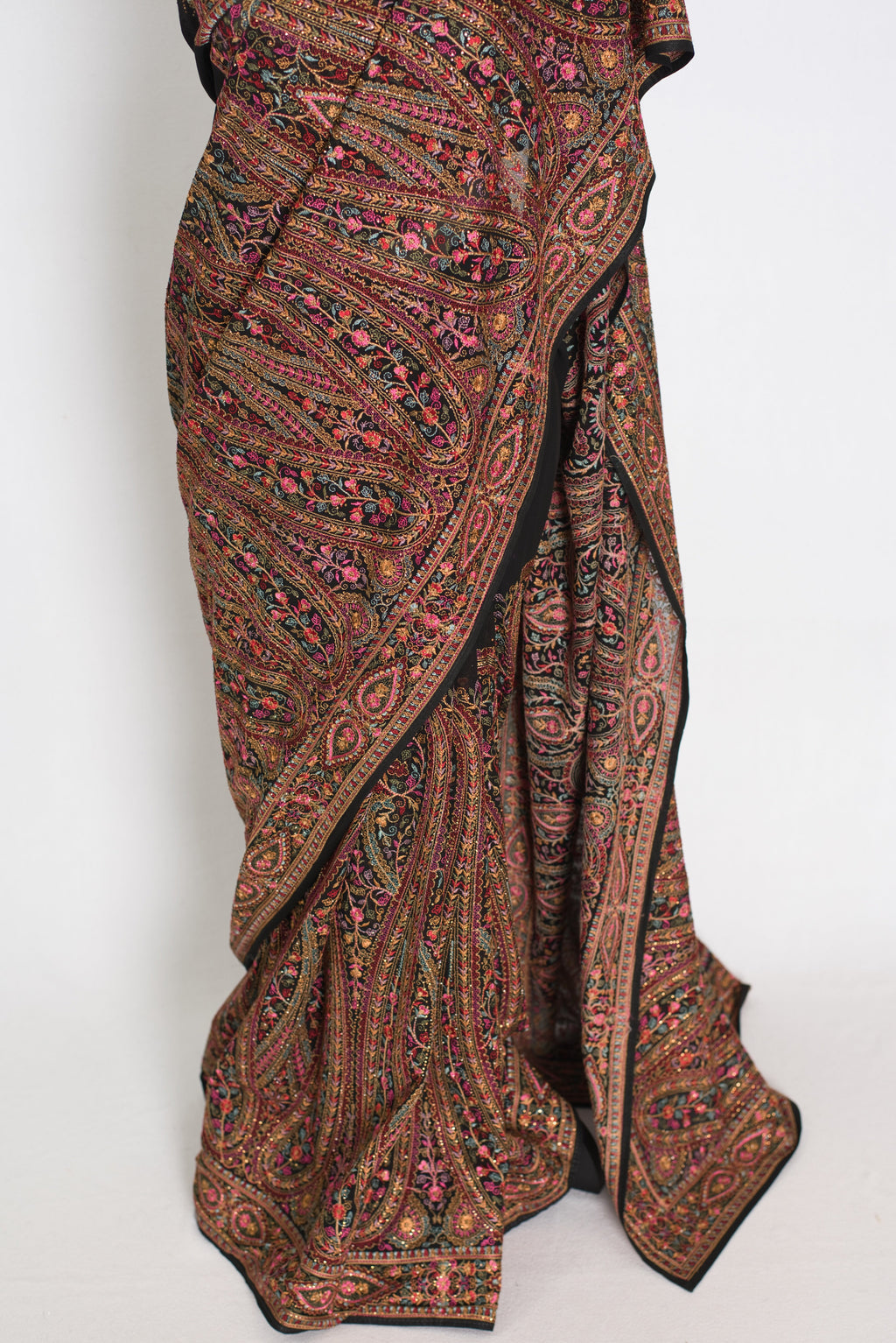 Pritha | Black Georgette Saree | All-Over Intricate Kashmiri Embroidery Jaal