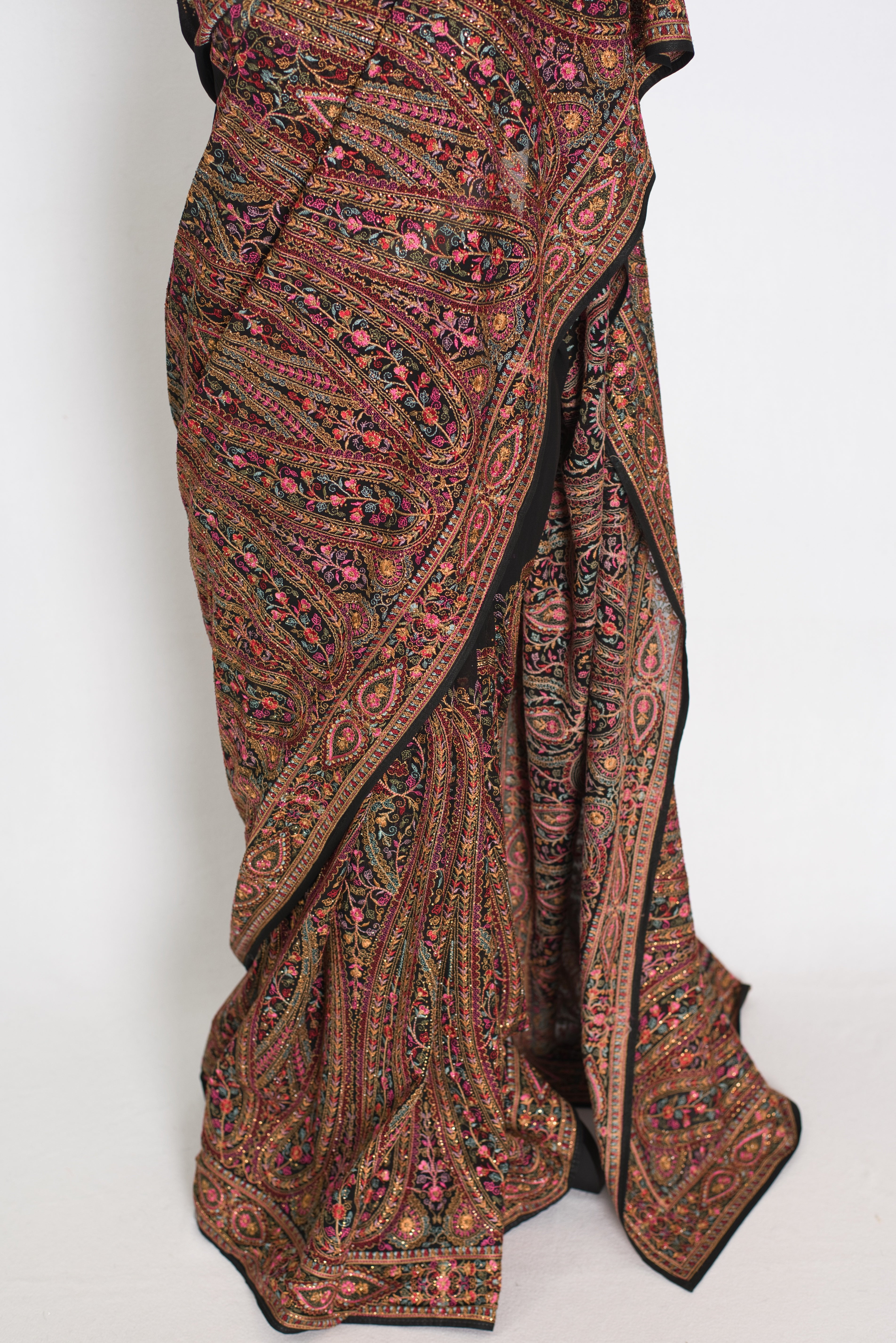 Pritha | Black Georgette Saree | All-Over Intricate Kashmiri Embroidery Jaal