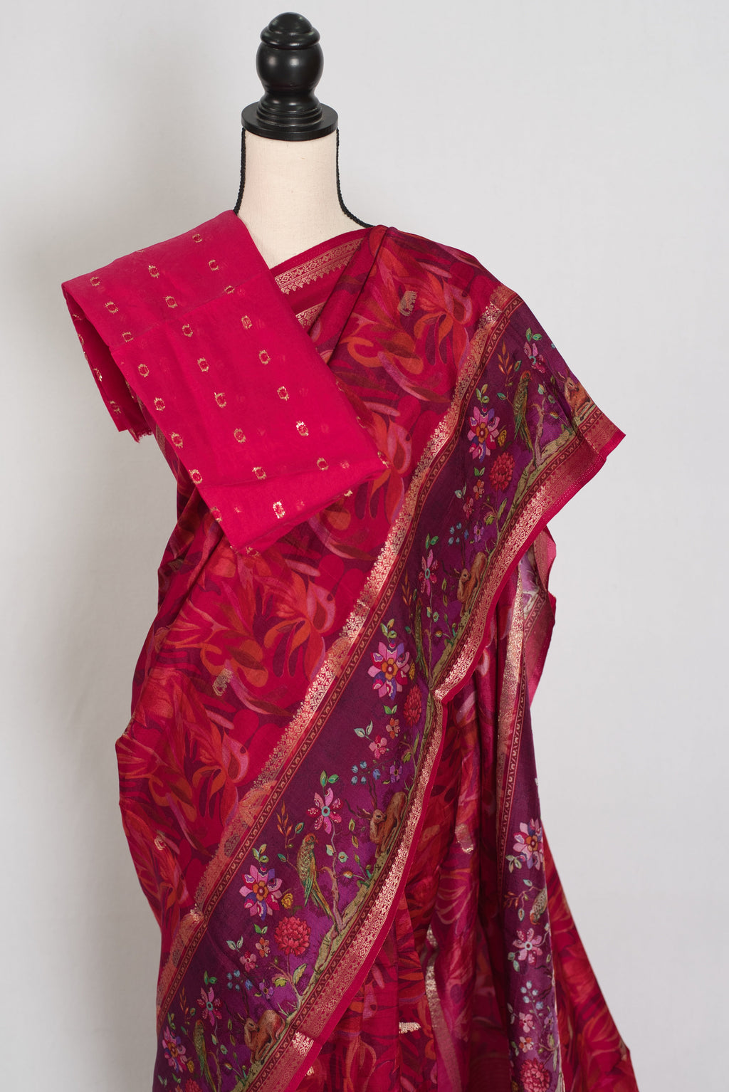 Stuti | Dark Rose Pink Dola Silk Banarasi Saree | Contrast Purple Floral Printed