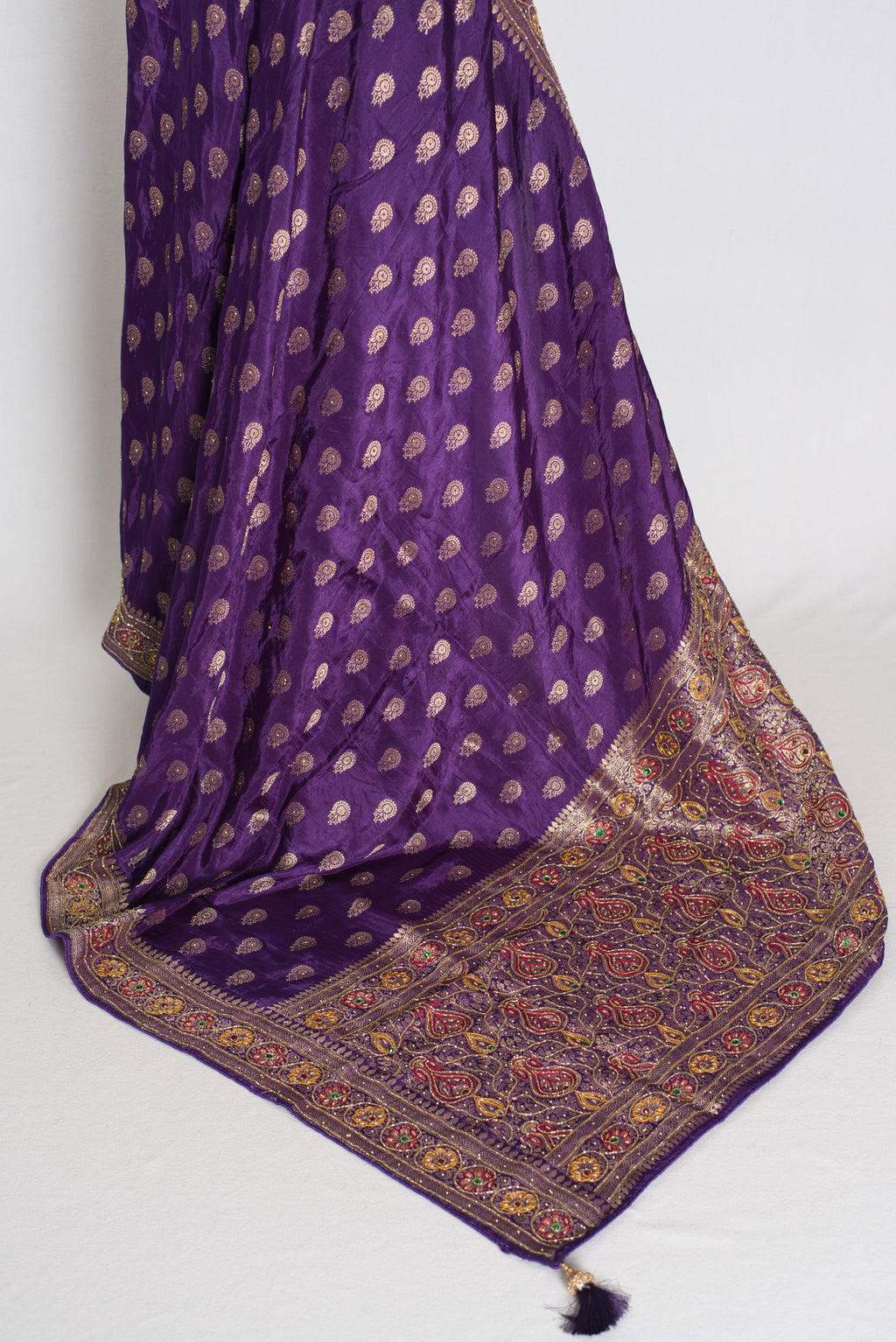 Priya : Purple and Gold Dola Silk Banarasi Saree with 40 Size Blouse