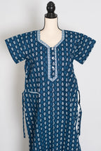 Indigo Blue Leaf Block Print Pure Cotton Indian Nightgown