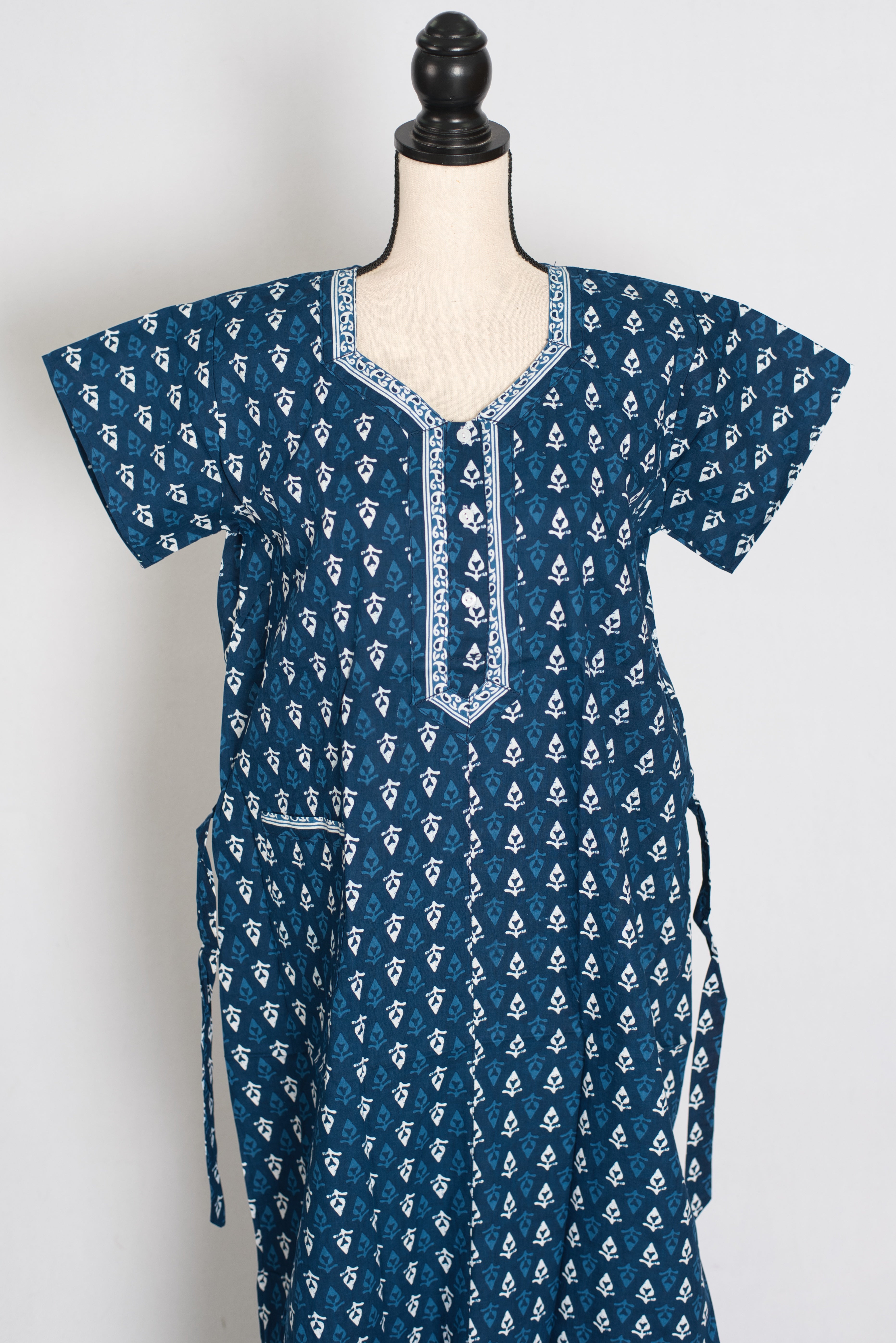 Indigo Blue Leaf Block Print Pure Cotton Indian Nightgown