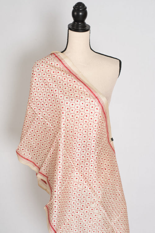 Dhriti | Hand Embroidered Kantha Pure Tussar Silk Stole in Beige & Red